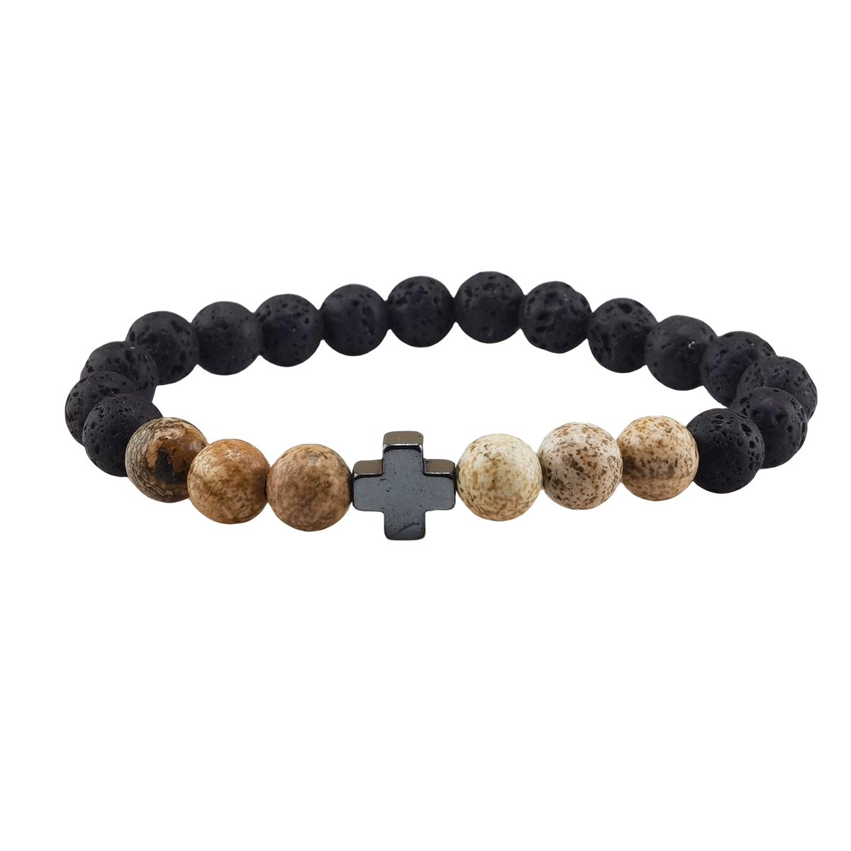 Lava Stone 8MM Beads Bracelet with Gemstone and Hematite Cross