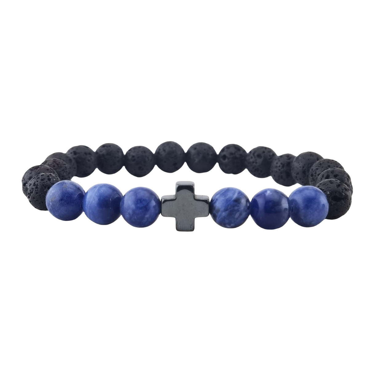 Lava Stone 8MM Beads Bracelet with Gemstone and Hematite Cross