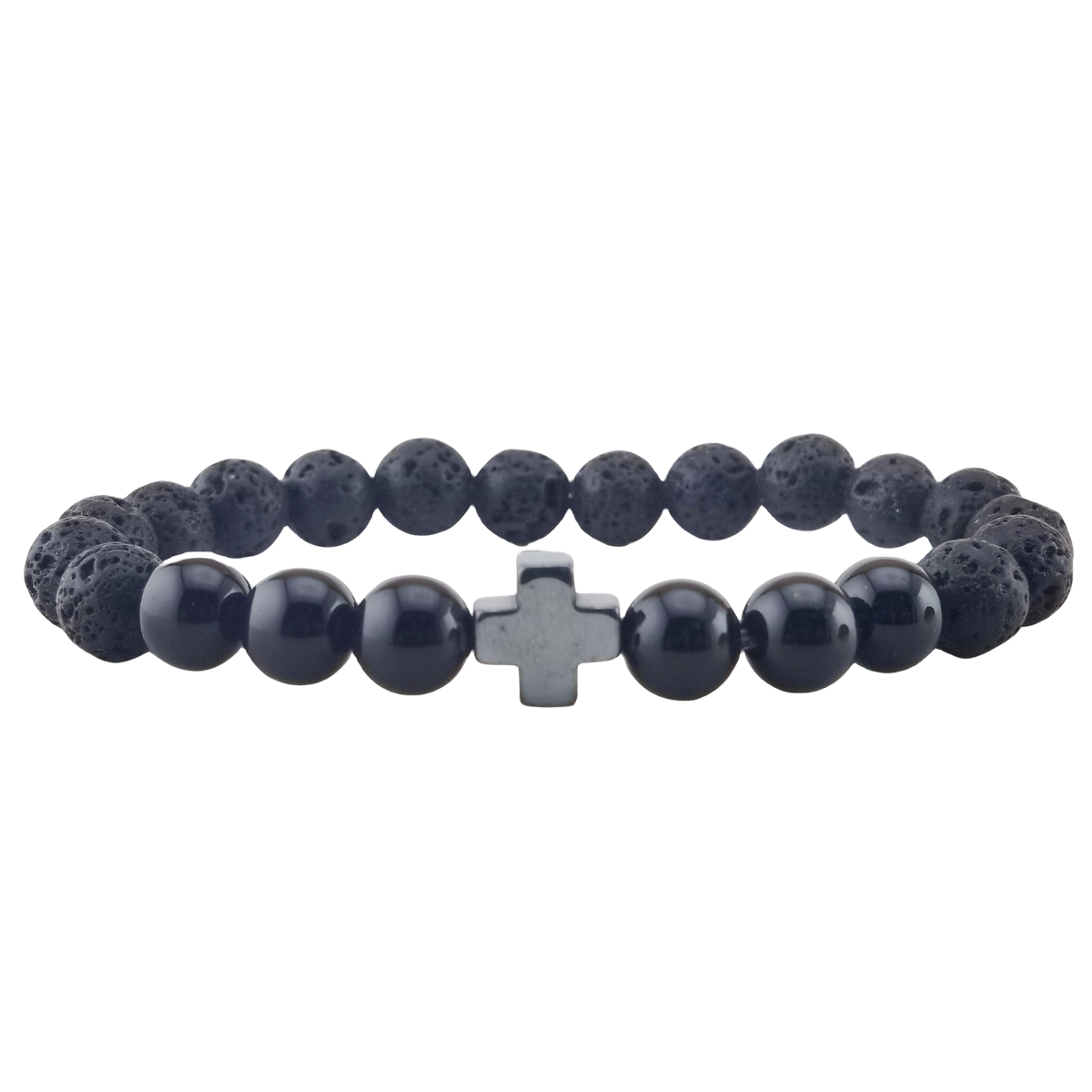 Lava Stone 8MM Beads Bracelet with Gemstone and Hematite Cross