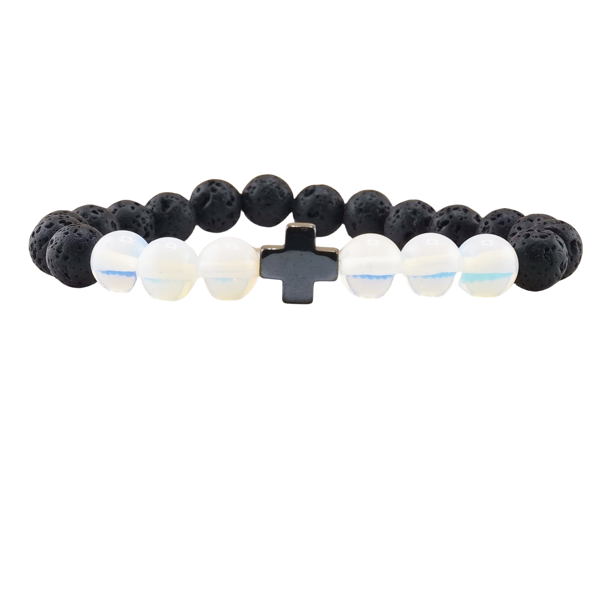 Lava Stone 8MM Beads Bracelet with Gemstone and Hematite Cross