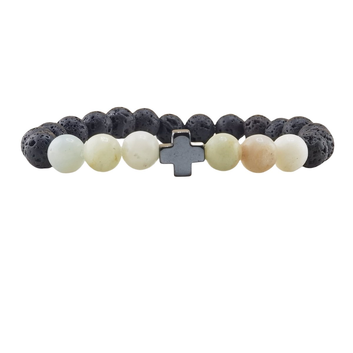 Lava Stone 8MM Beads Bracelet with Gemstone and Hematite Cross