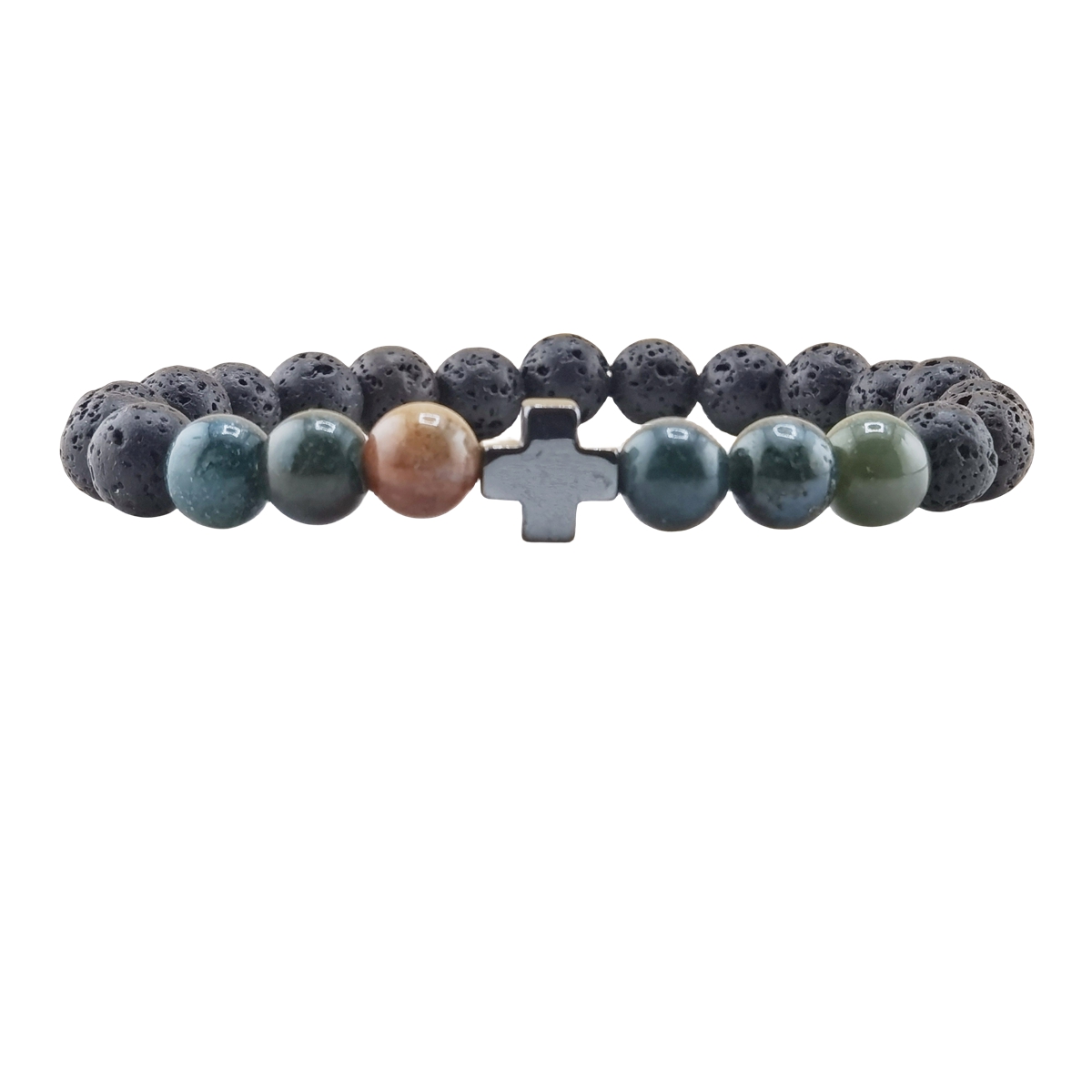Lava Stone 8MM Beads Bracelet with Gemstone and Hematite Cross