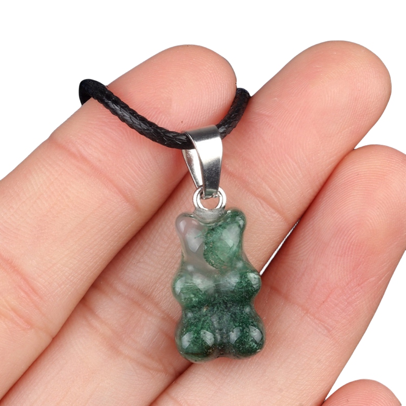 Natural Gemstone Bear Pendant Necklace 18" Black Cord 10x18MM Handmade Craved Animal 