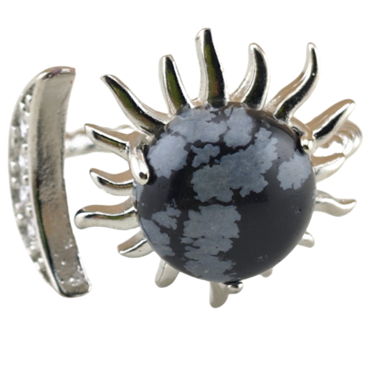 Silver Solar Stone Rings for Women Men Adjustable 10MM Gemstone Cabochons Sun Moon Rings SR0178S