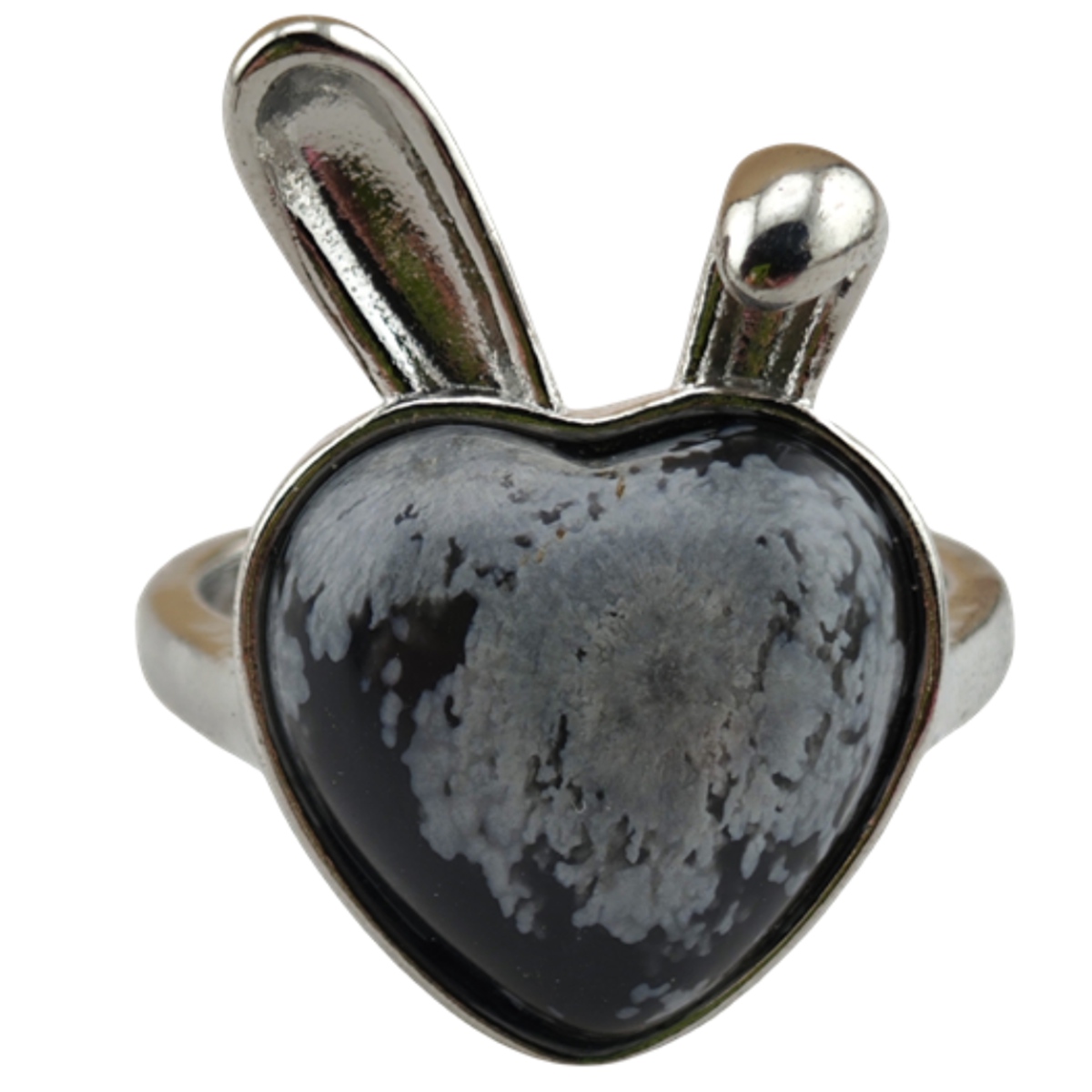 Silver Rabbit Stone Rings for Women Girl Adjustable 15MM Heart Gemstone Cabochons Rings SR0180S