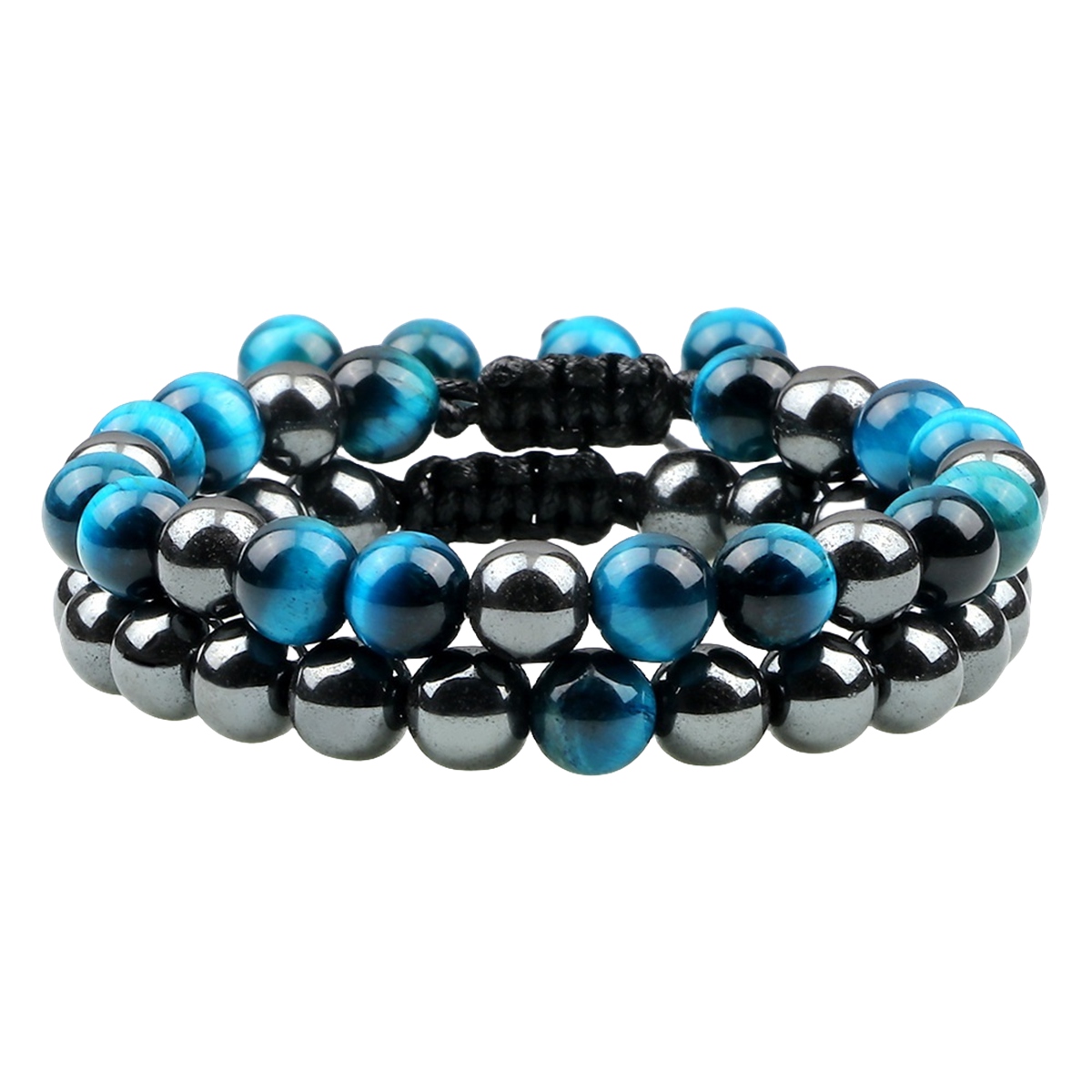 Couple Gemstone Set Bracelets Hematite and Natural Stone Adjustable Woven Bracelets