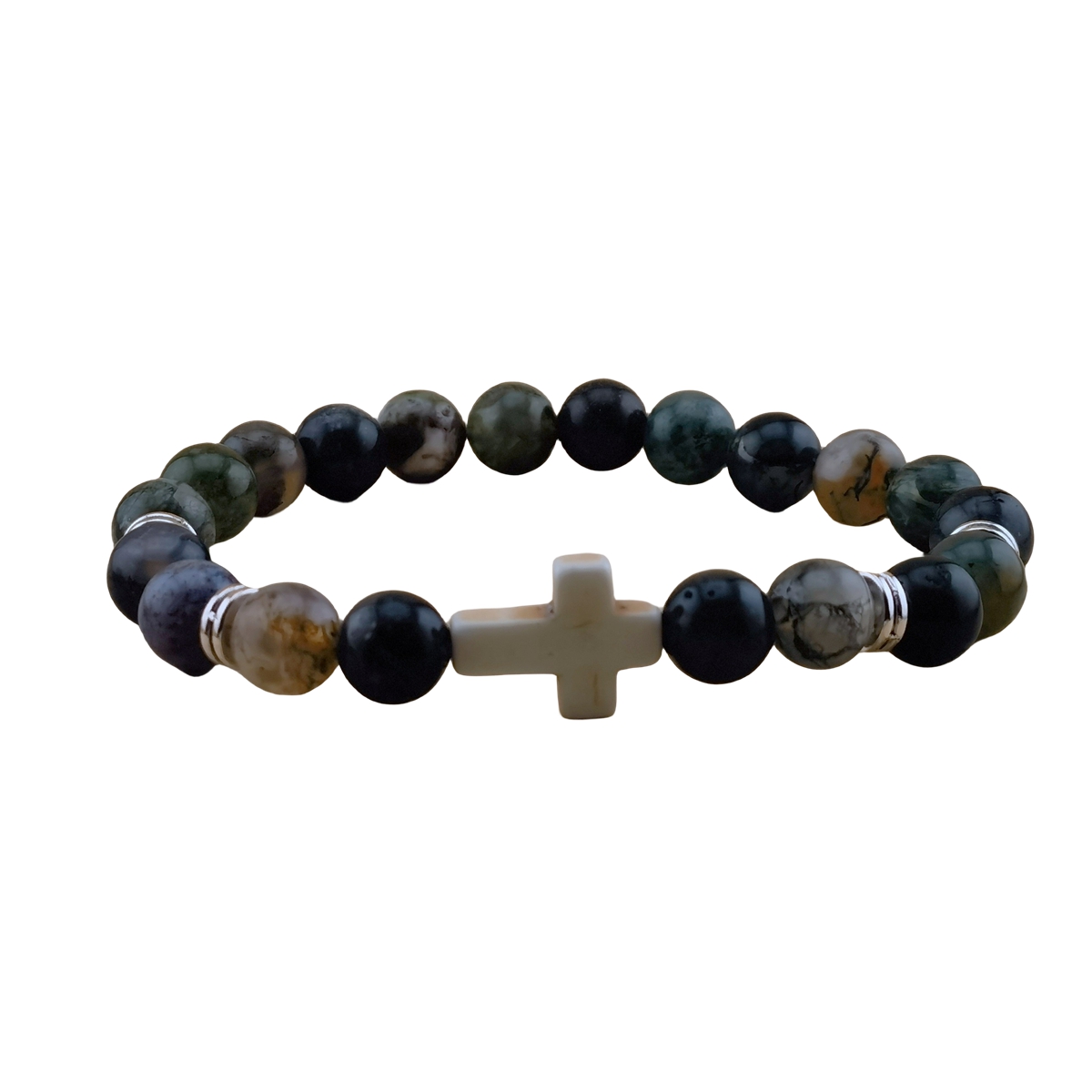 Natural Gemstone Cross Stretch Bracelets for Women Men 8MM Semi Preicous Stone Beads