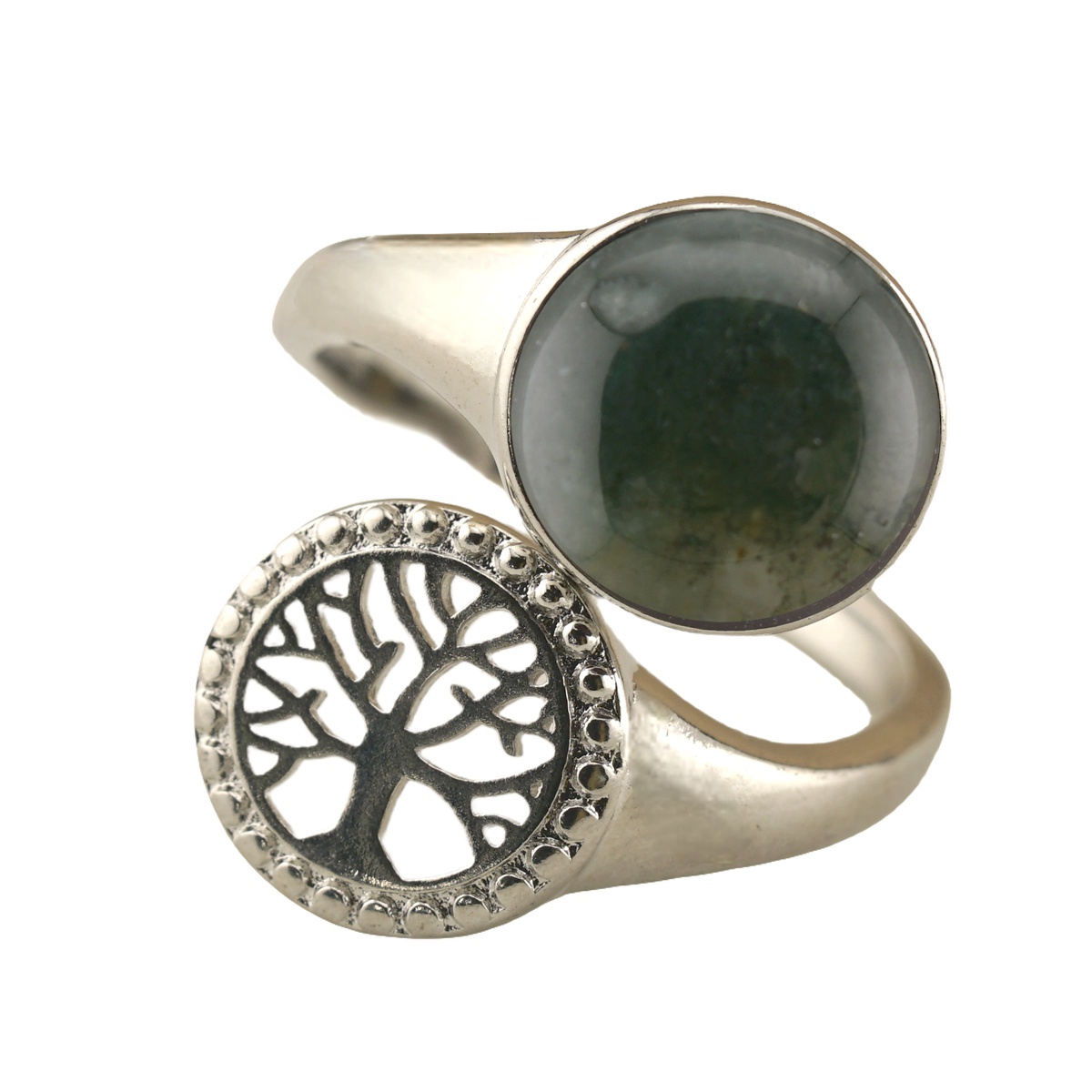 Silver Life of Tree Stone Rings for Women Men Adjustable 10MM Round Gemstone CAB SR0171S