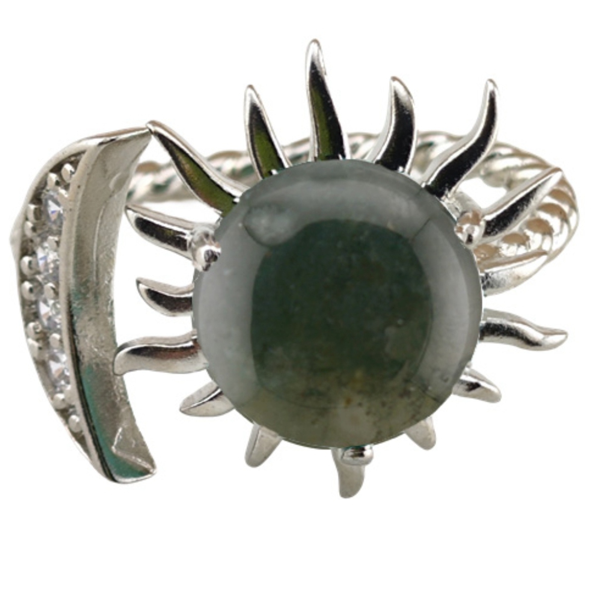 Silver Solar Stone Rings for Women Men Adjustable 10MM Gemstone Cabochons Sun Moon Rings SR0178S