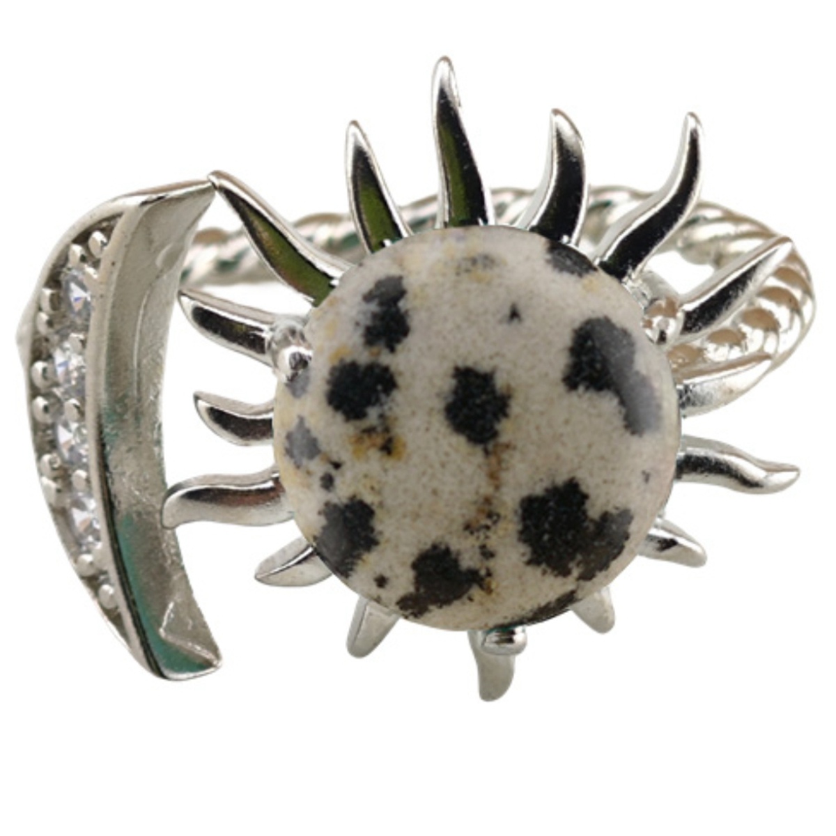 Silver Solar Stone Rings for Women Men Adjustable 10MM Gemstone Cabochons Sun Moon Rings SR0178S