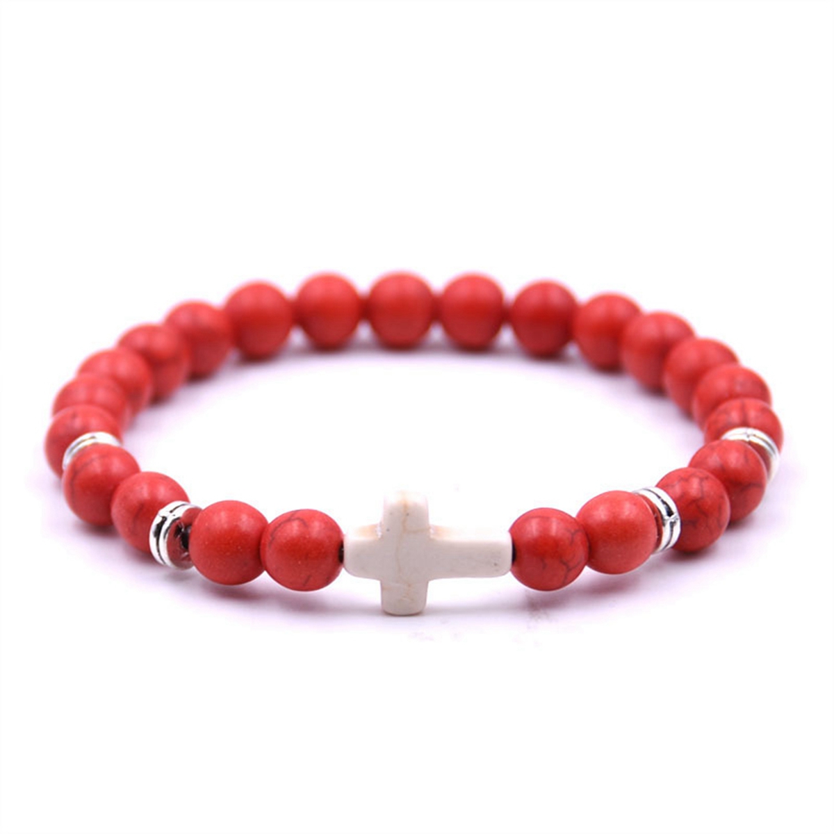 Natural Gemstone Cross Stretch Bracelets for Women Men 8MM Semi Preicous Stone Beads