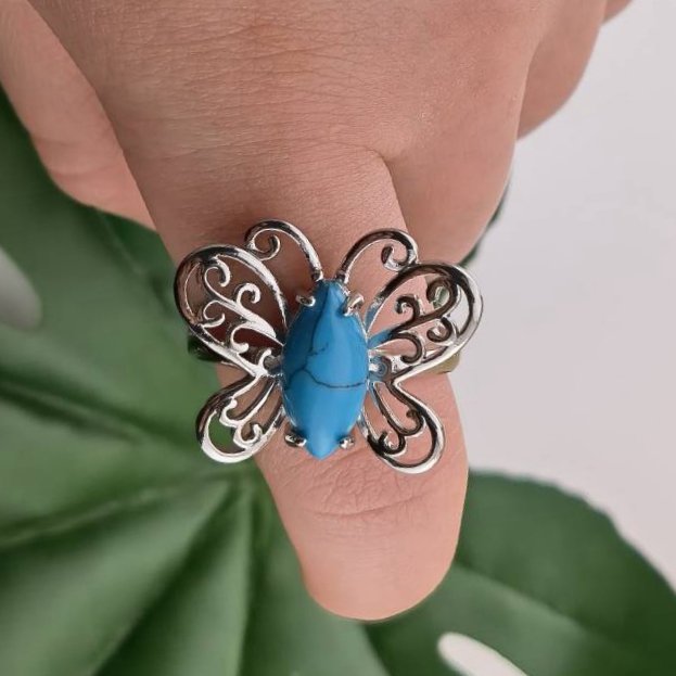 Silver Butterfly Stone Rings for Women Men Adjustable 7x15MM Horse Eye Gemstone CAB SR0175S