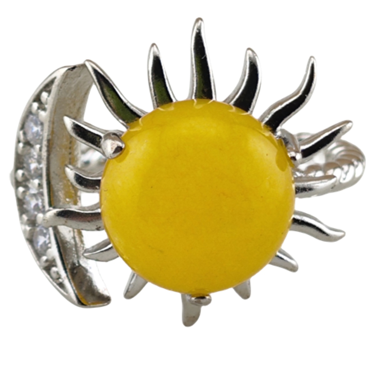 Silver Solar Stone Rings for Women Men Adjustable 10MM Gemstone Cabochons Sun Moon Rings SR0178S
