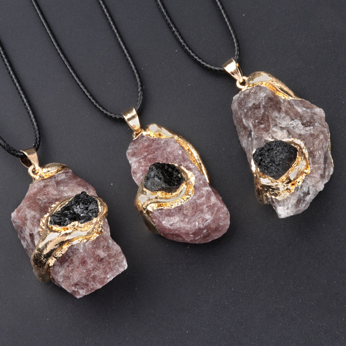Irregular Raw Crystal Pendant Necklace 18" Black Cord Gold Gemstone for women men