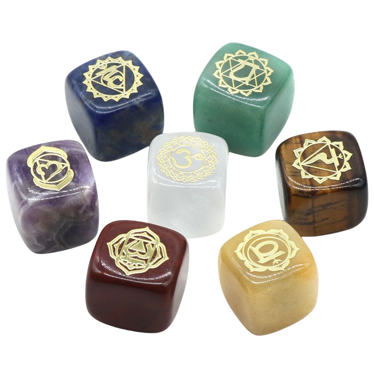 7PCS Healing Crystals Chakra Stones Set Gold Symbol Gemstones Polished Cube Square Stone Reiki meditation Wicca Power Balancing Crystal