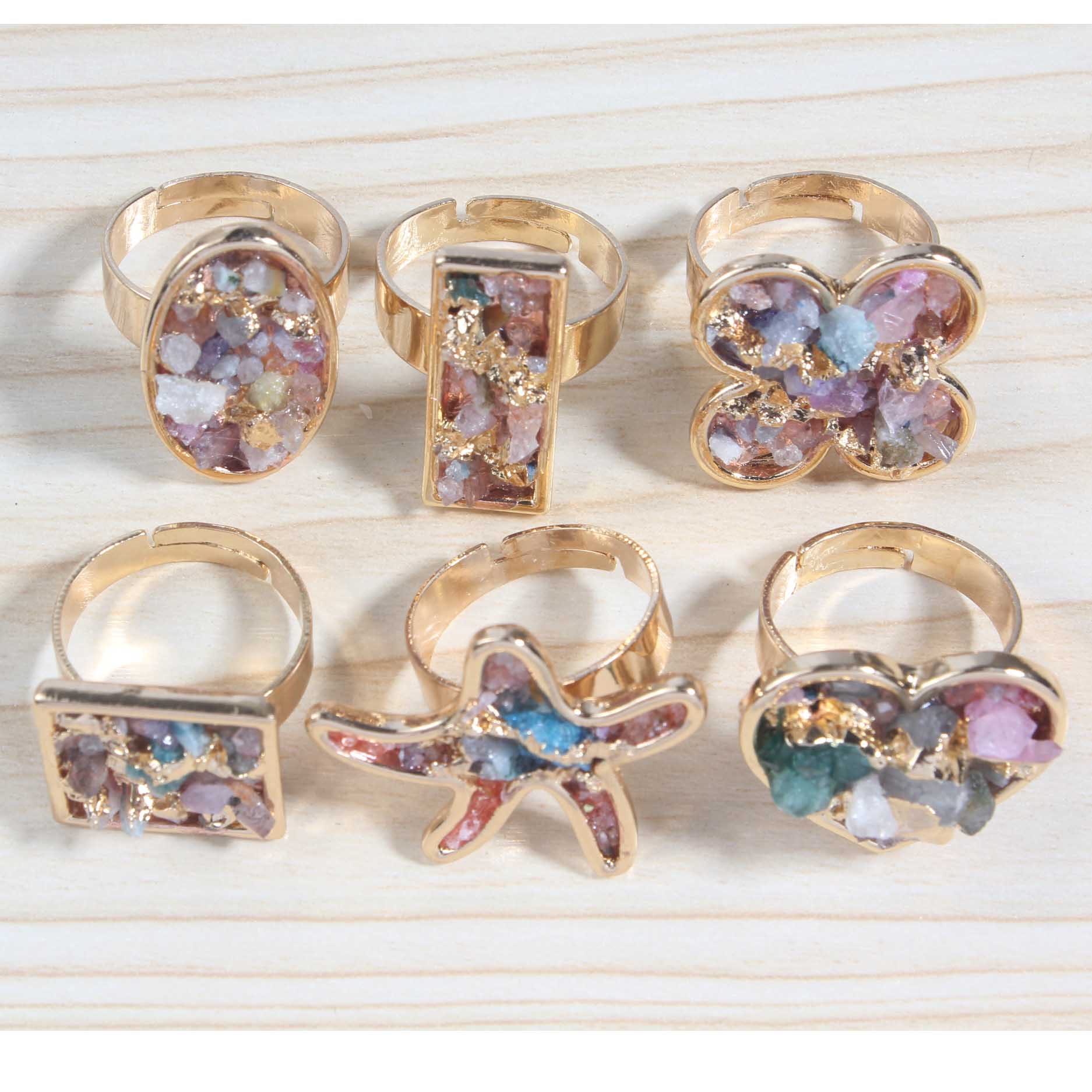 Druzy Crystal Rings for Women Girls Clover Metal Plated Gold Quartz Ring Jewelry