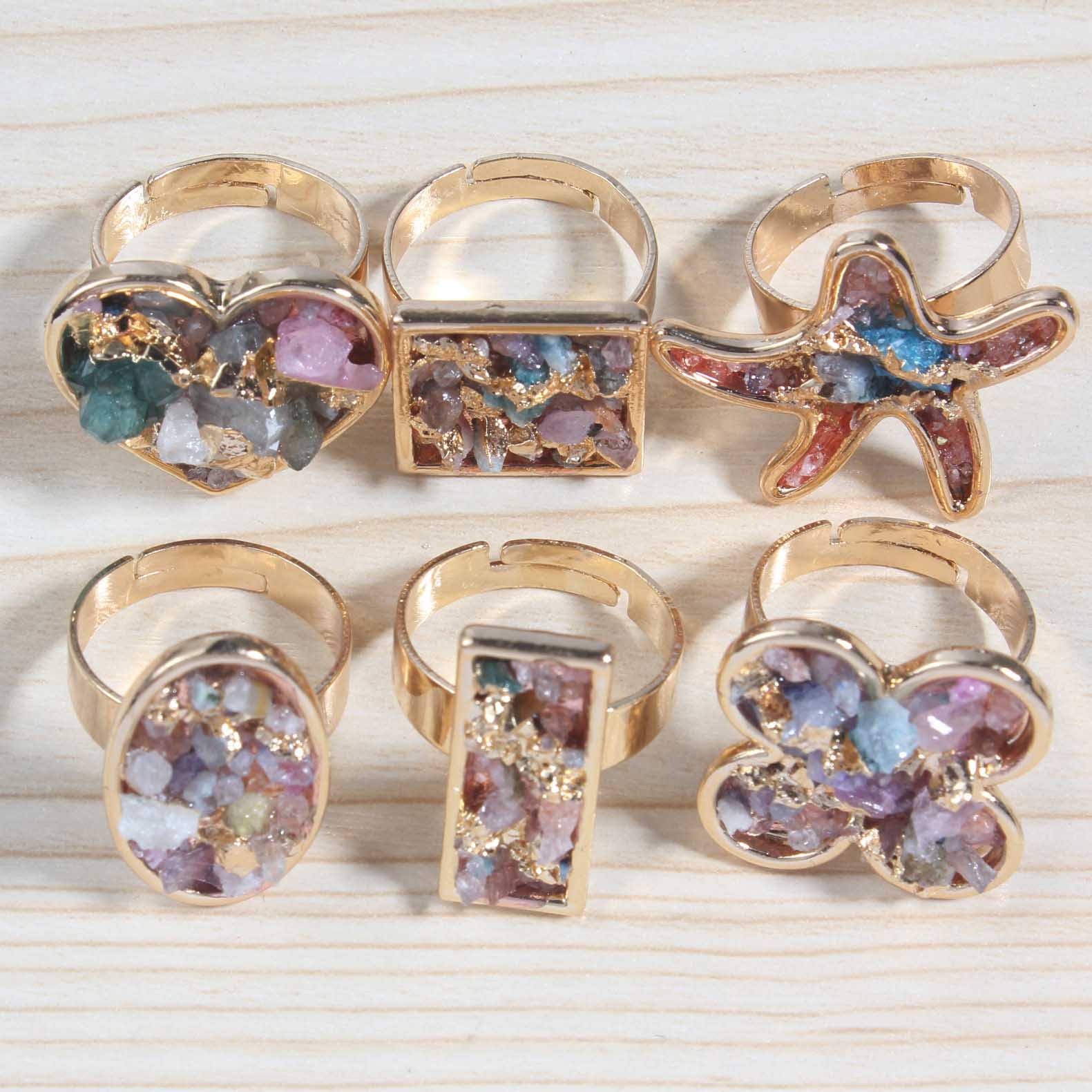 Druzy Crystal Rings for Women Girls Clover Metal Plated Gold Quartz Ring Jewelry