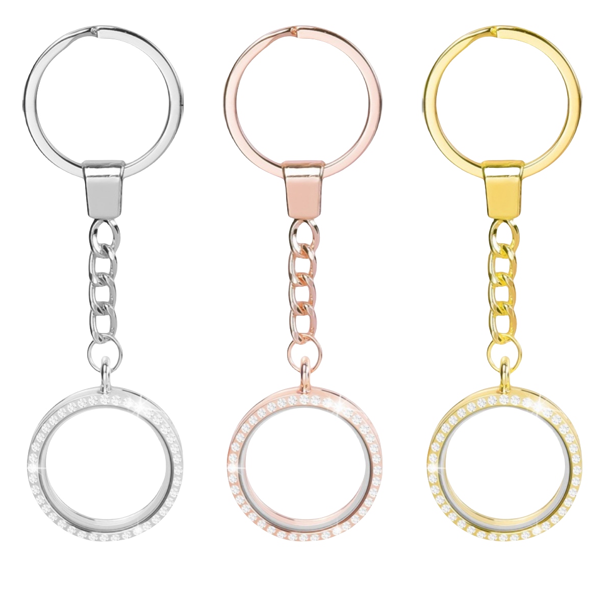 Living Floating Memory Glass Locket keychain - Stainless Steel Secure Buckle Closure Pendant with Rhinestone 20/25/30/35MM