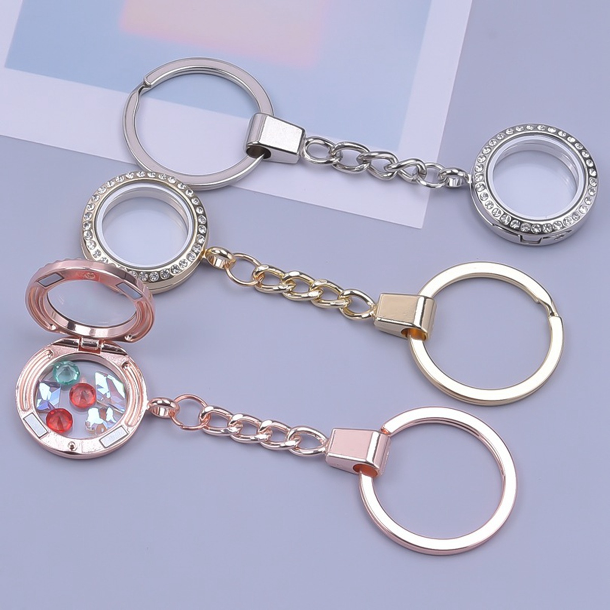 Living Floating Memory Glass Locket keychain - Stainless Steel Secure Buckle Closure Pendant with Rhinestone 20/25/30/35MM