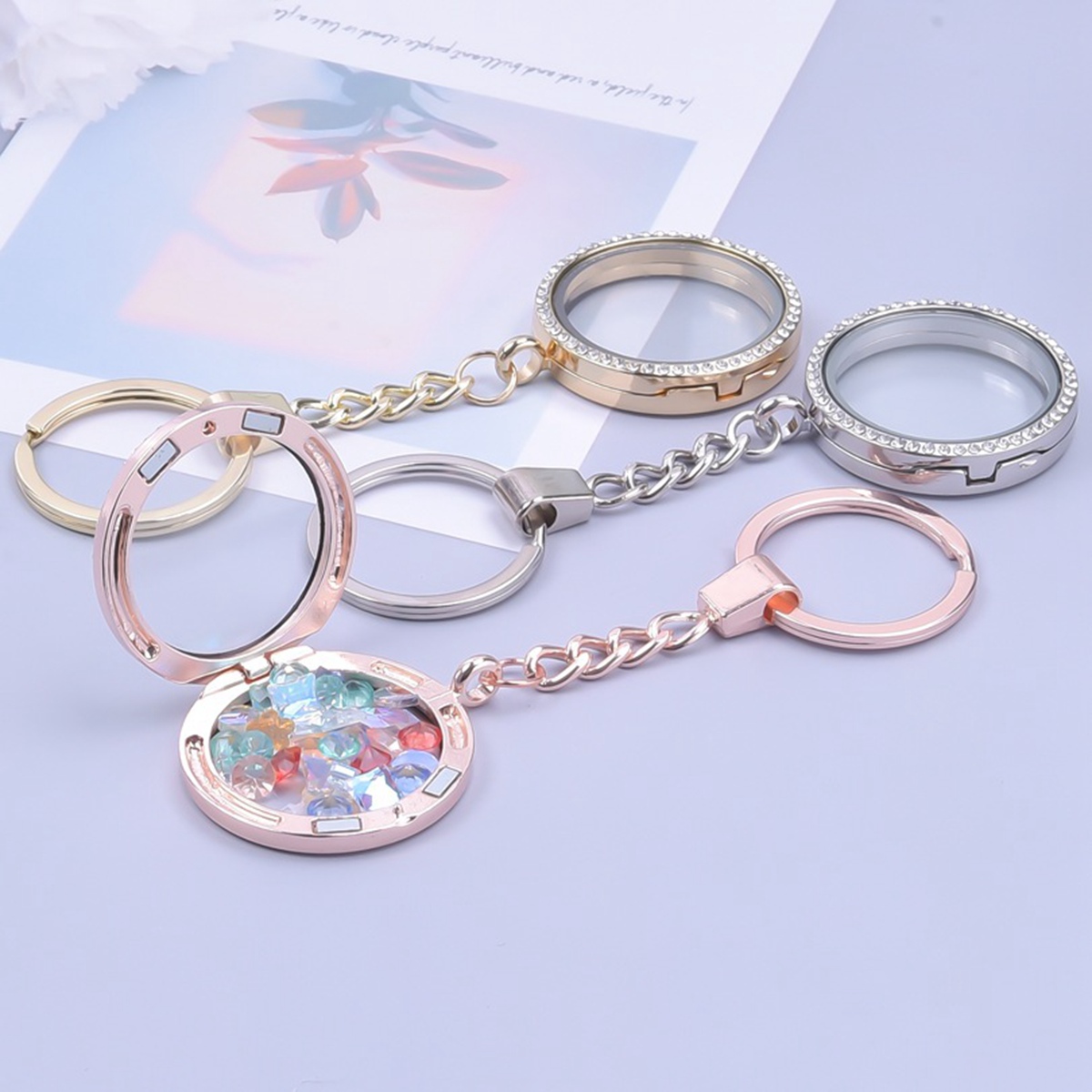 Living Floating Memory Glass Locket keychain - Stainless Steel Secure Buckle Closure Pendant with Rhinestone 20/25/30/35MM