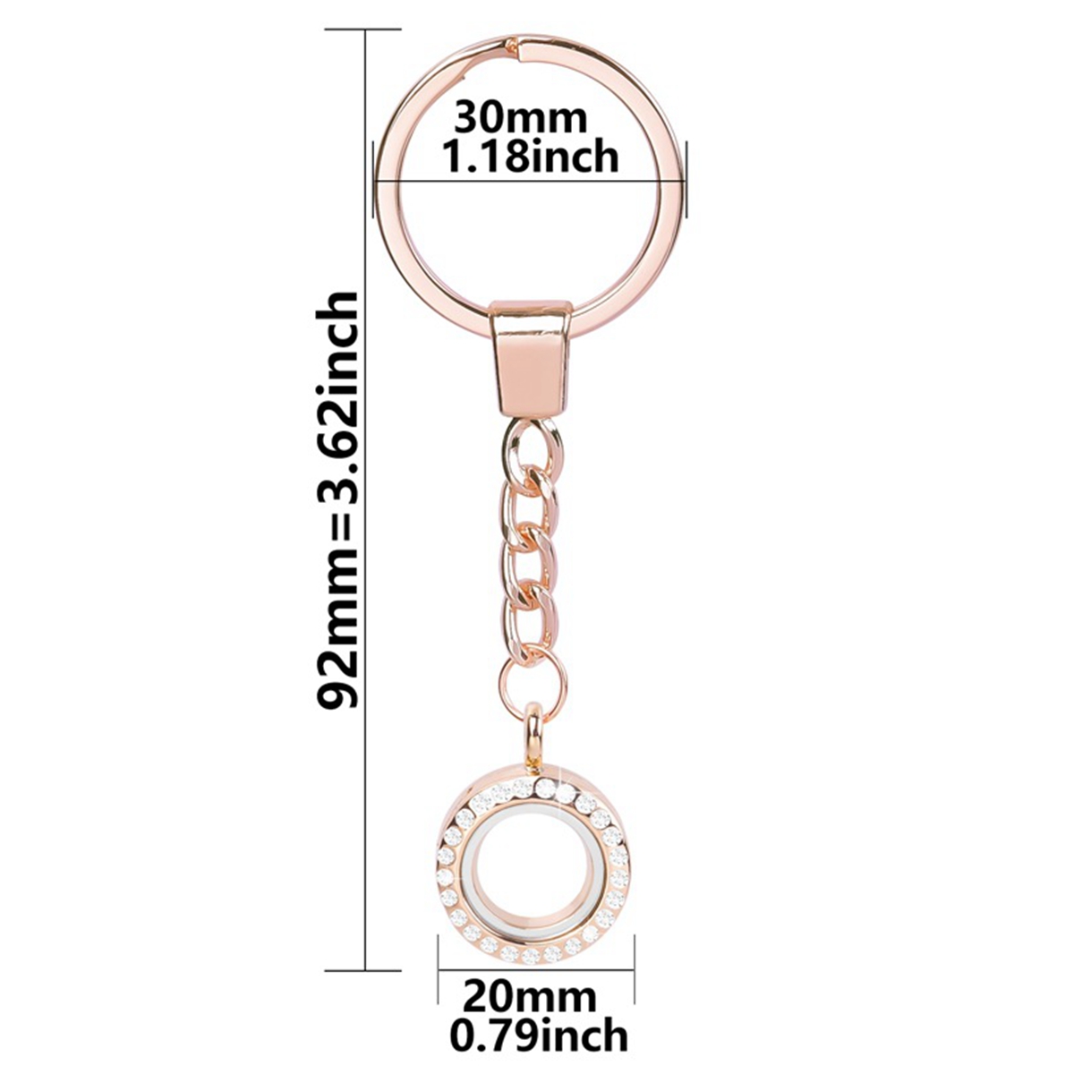 Living Floating Memory Glass Locket keychain - Stainless Steel Secure Buckle Closure Pendant with Rhinestone 20/25/30/35MM