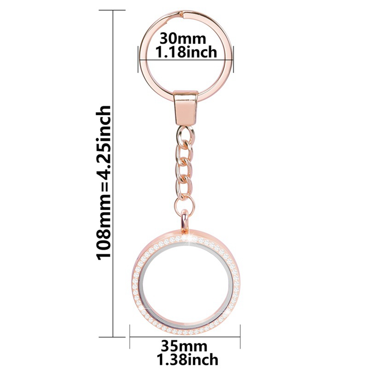 Living Floating Memory Glass Locket keychain - Stainless Steel Secure Buckle Closure Pendant with Rhinestone 20/25/30/35MM