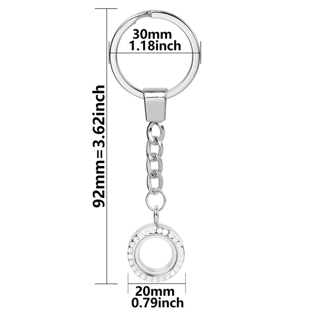 Living Floating Memory Glass Locket keychain - Stainless Steel Secure Buckle Closure Pendant with Rhinestone 20/25/30/35MM