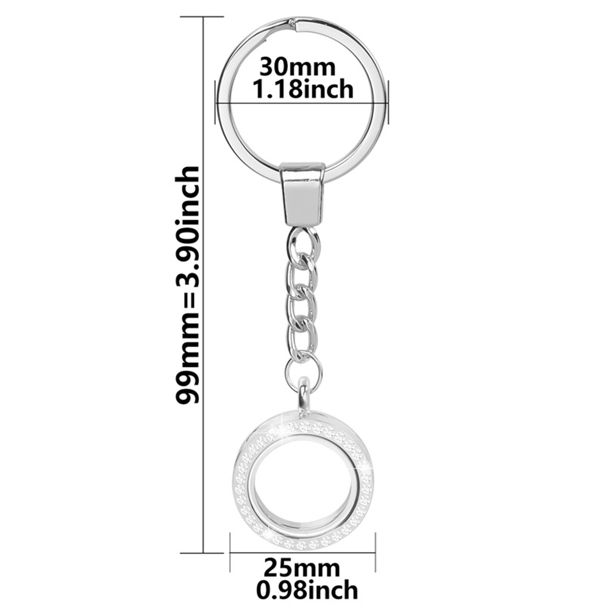Living Floating Memory Glass Locket keychain - Stainless Steel Secure Buckle Closure Pendant with Rhinestone 20/25/30/35MM