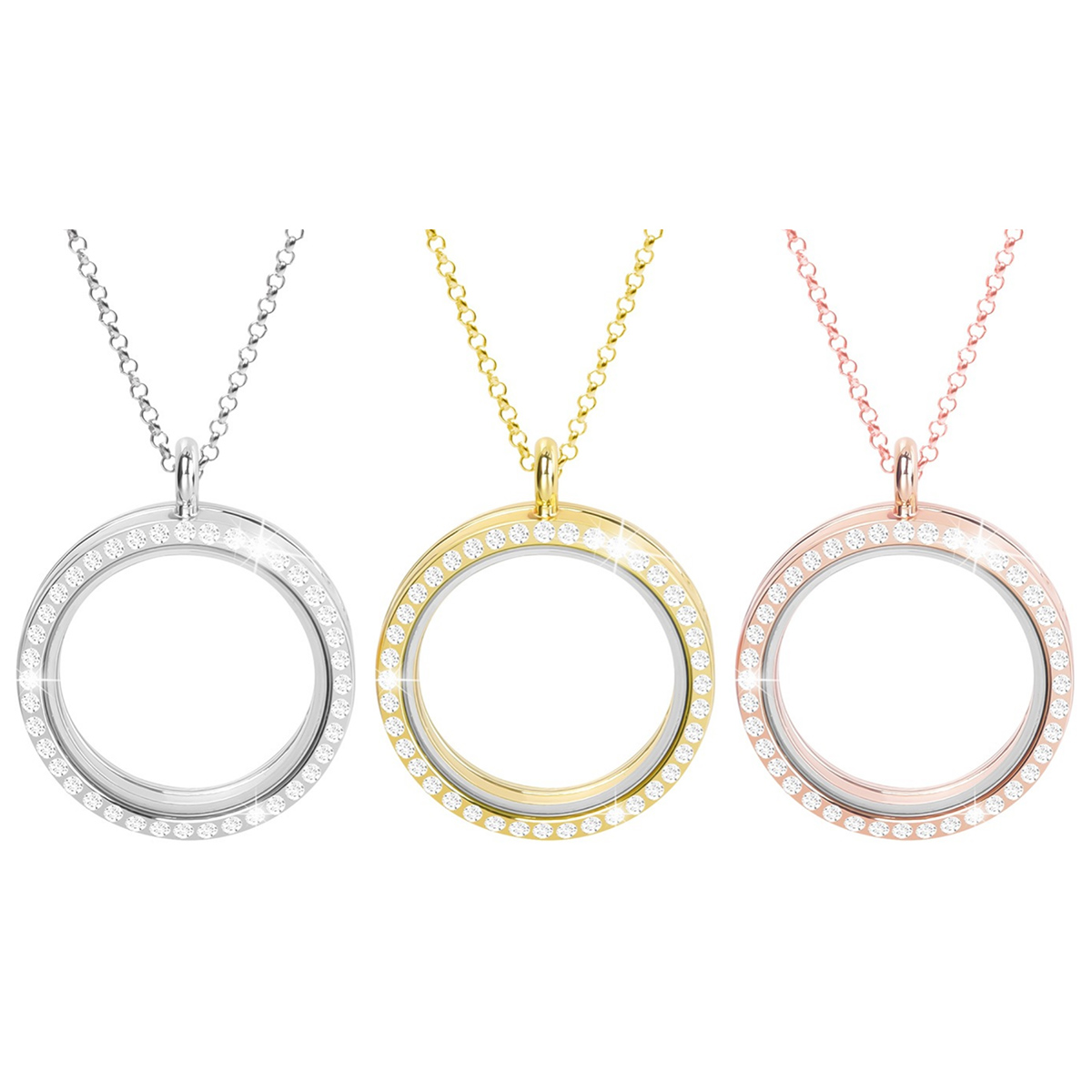 30MM Living Floating Memory Glass Locket Necklace - Stainless Steel Secure Buckle Closure Pendant with Rhinestone