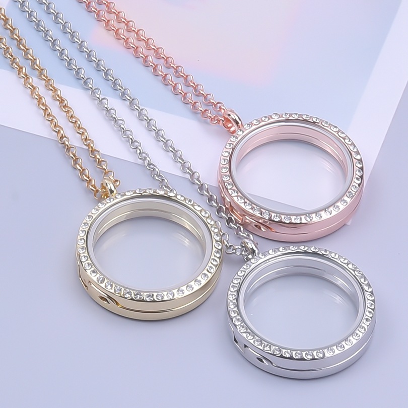 30MM Living Floating Memory Glass Locket Necklace - Stainless Steel Secure Buckle Closure Pendant with Rhinestone