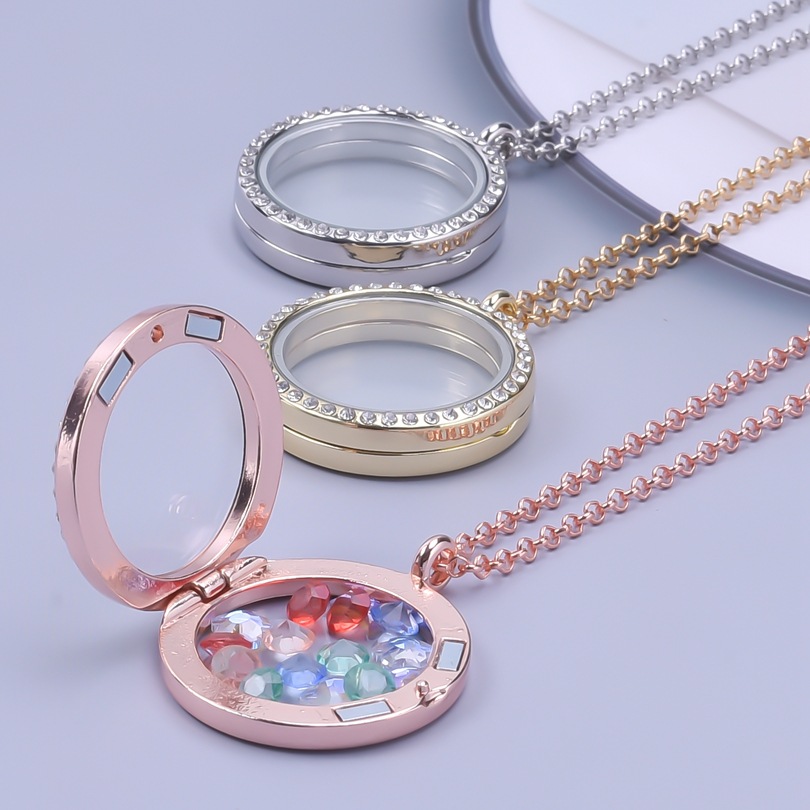 30MM Living Floating Memory Glass Locket Necklace - Stainless Steel Secure Buckle Closure Pendant with Rhinestone