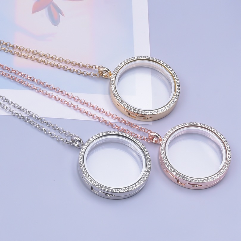 30MM Living Floating Memory Glass Locket Necklace - Stainless Steel Secure Buckle Closure Pendant with Rhinestone