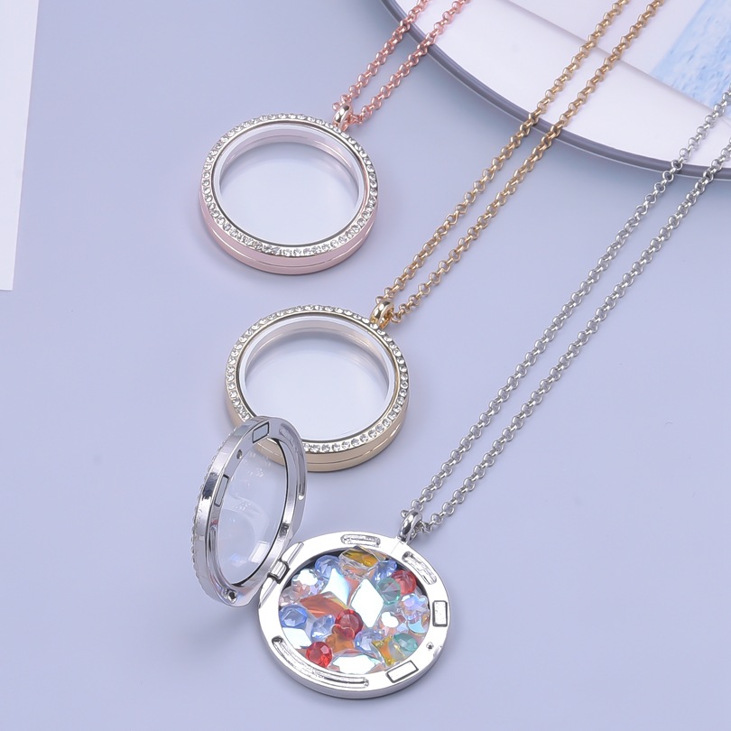 30MM Living Floating Memory Glass Locket Necklace - Stainless Steel Secure Buckle Closure Pendant with Rhinestone