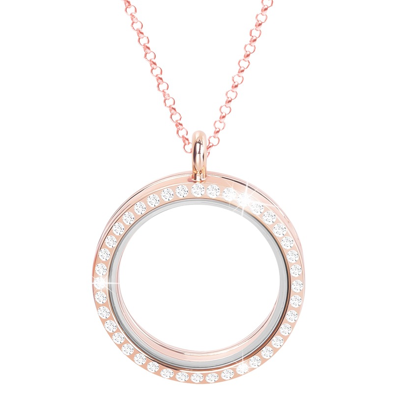 30MM Living Floating Memory Glass Locket Necklace - Stainless Steel Secure Buckle Closure Pendant with Rhinestone