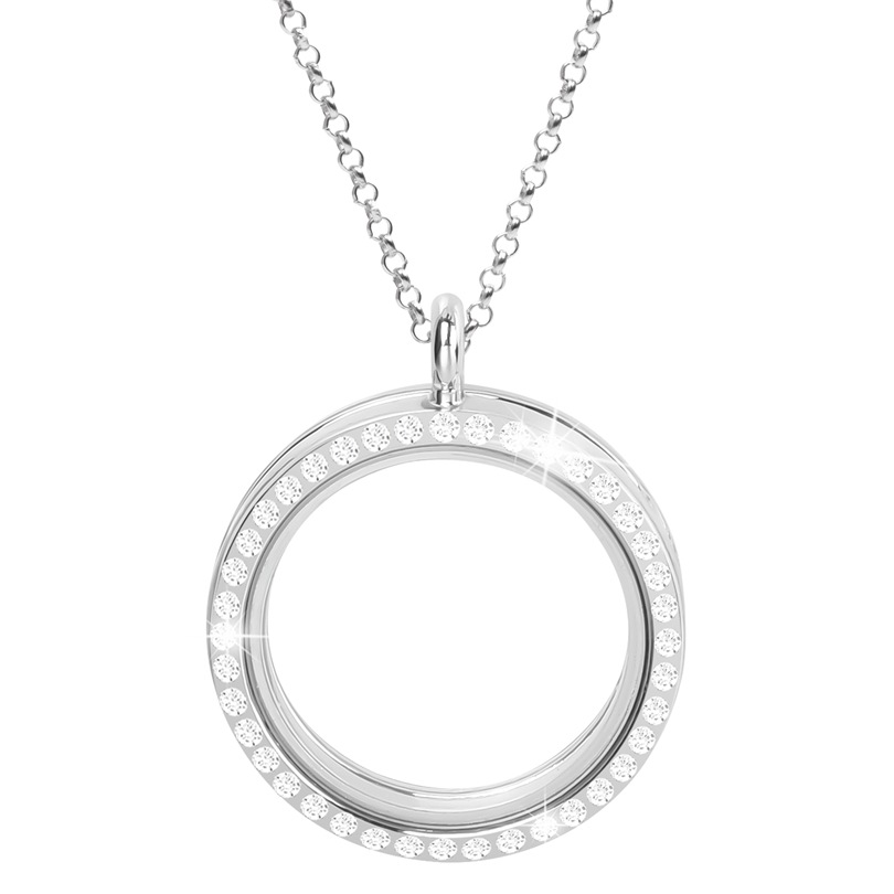 30MM Living Floating Memory Glass Locket Necklace - Stainless Steel Secure Buckle Closure Pendant with Rhinestone
