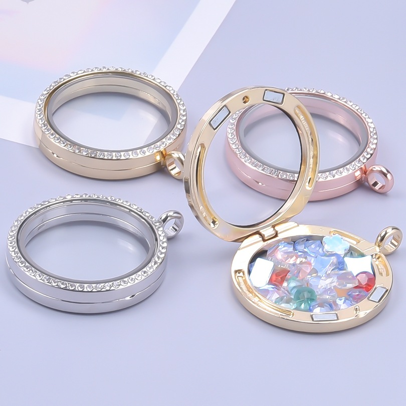 30MM Living Floating Memory Glass Locket Necklace - Stainless Steel Secure Buckle Closure Pendant with Rhinestone
