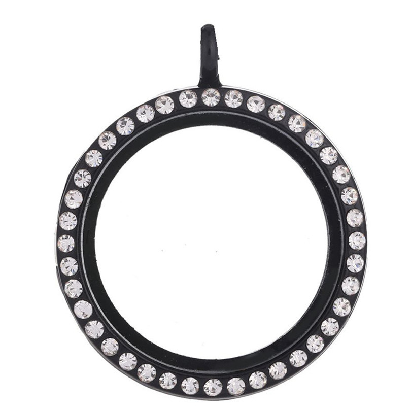 30MM Living Floating Memory Glass Locket Necklace - Stainless Steel Secure Buckle Closure Pendant with Rhinestone