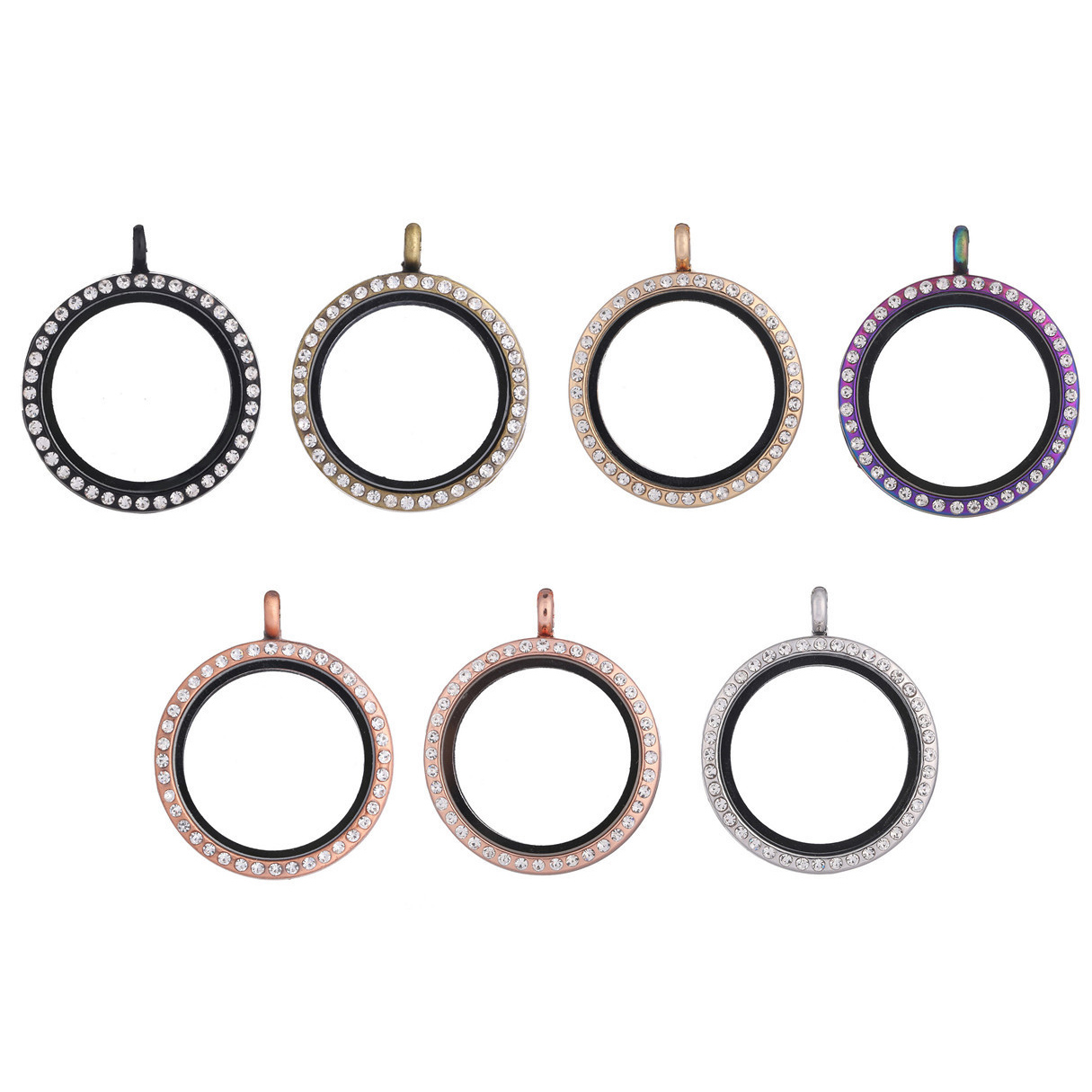 30MM Living Floating Memory Glass Locket Necklace - Stainless Steel Secure Buckle Closure Pendant with Rhinestone