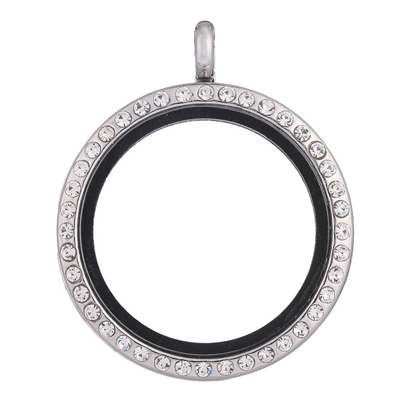 30MM Living Floating Memory Glass Locket Necklace - Stainless Steel Secure Buckle Closure Pendant with Rhinestone
