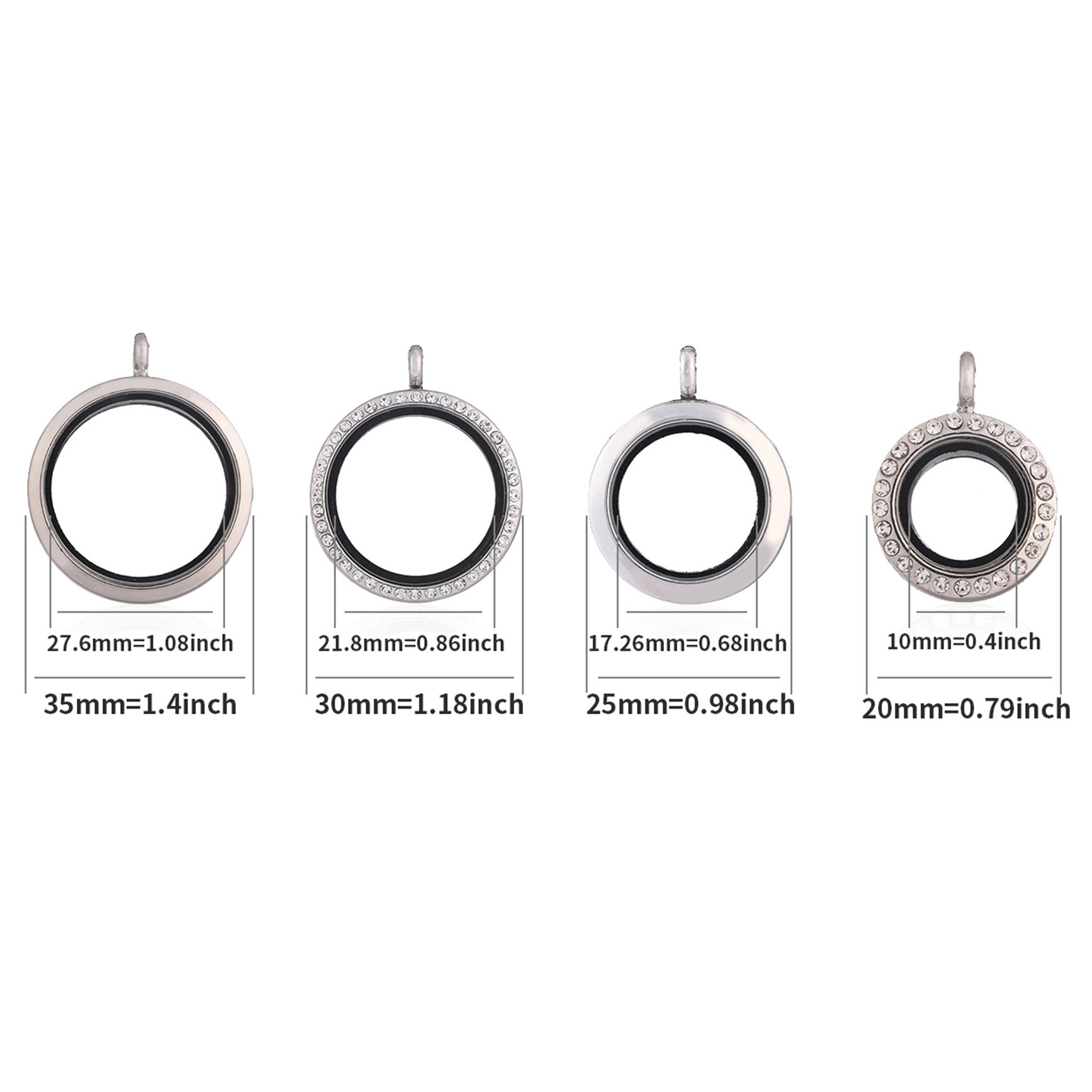 30MM Living Floating Memory Glass Locket Necklace - Stainless Steel Secure Buckle Closure Pendant with Rhinestone