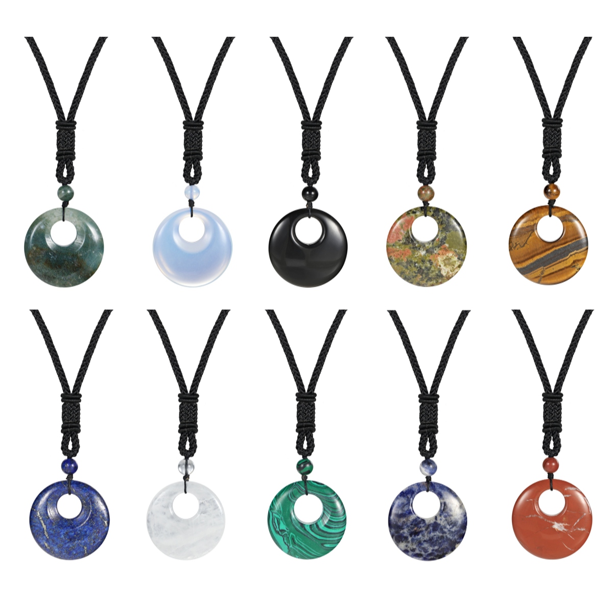 30MM Circle Donut Healing Crystals Necklace Amulet Lucky Charm Pendant Healing Crystals Adjustable Braided Rope 