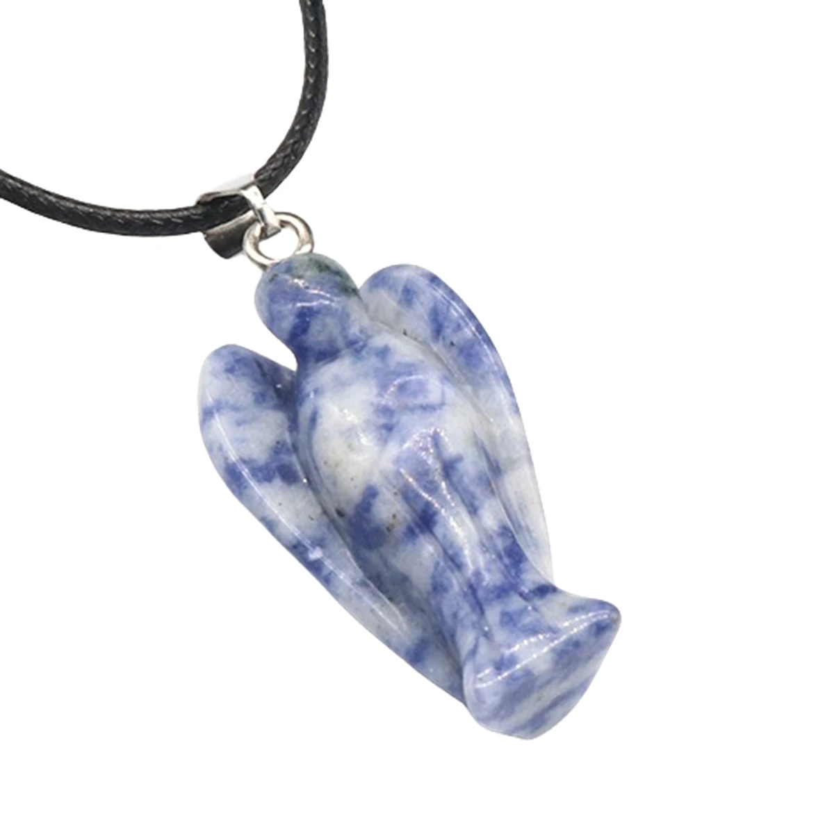 Handmade Craved Gemstone Angel Necklace for Women men 18" Black Cord  1.5Inch Crystal Angel Pendant