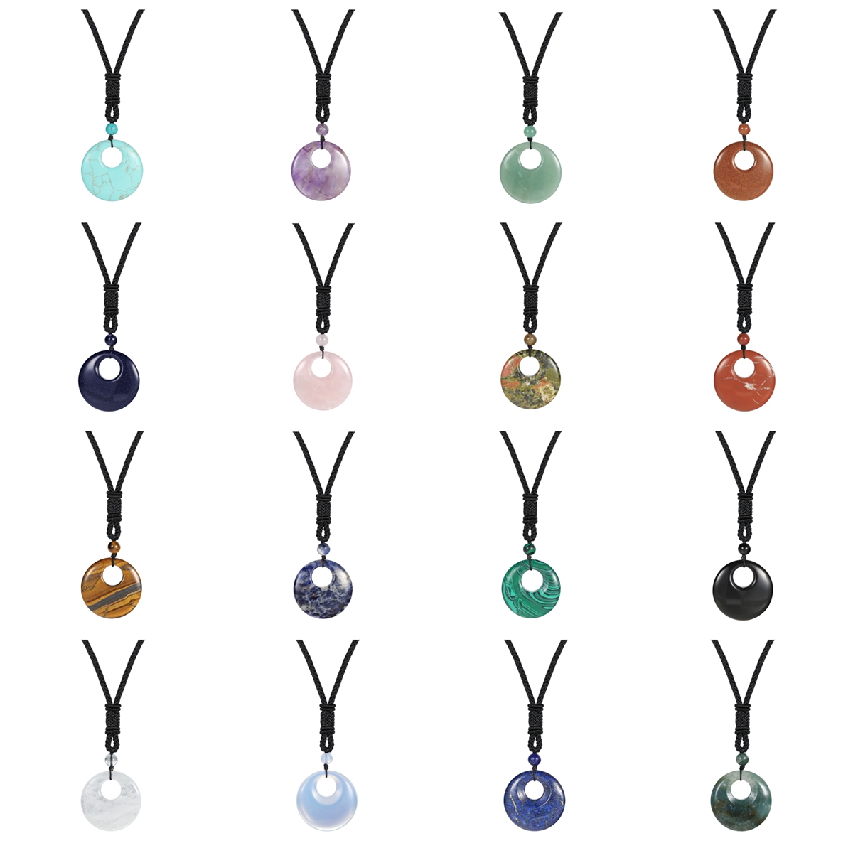 30MM Circle Donut Healing Crystals Necklace Amulet Lucky Charm Pendant Healing Crystals Adjustable Braided Rope 