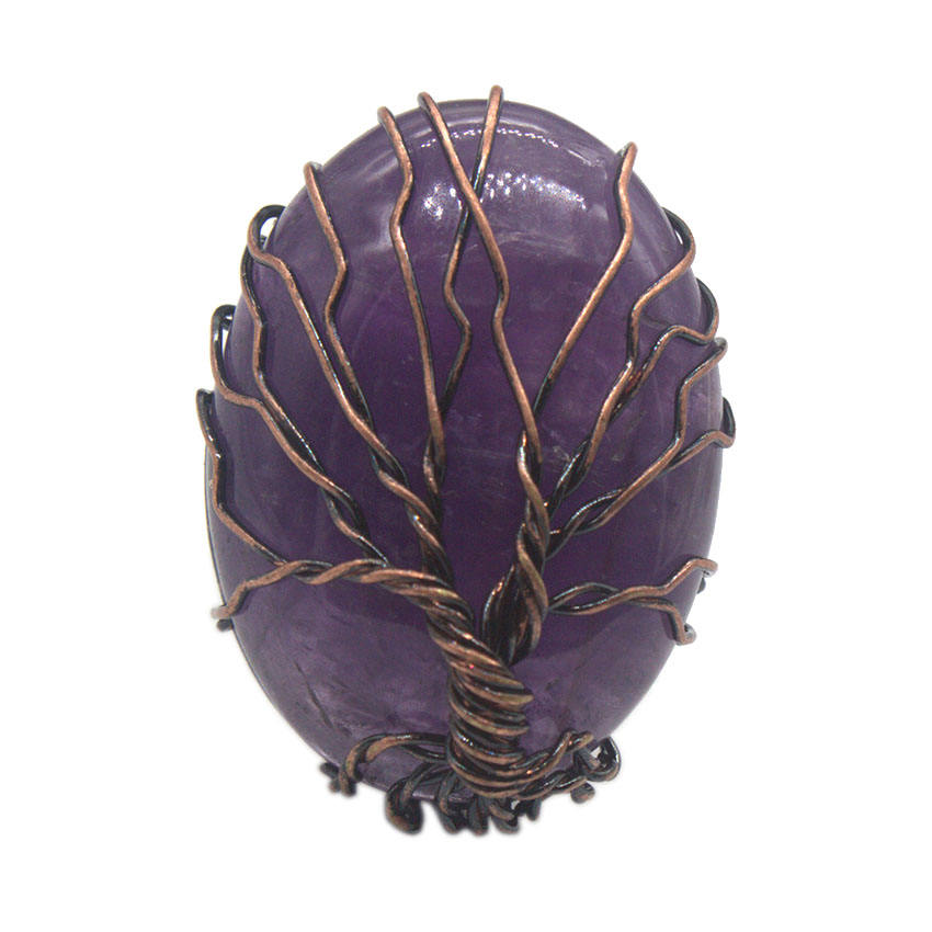 Tree of Life Oval Gemstone Healing Crystal Ring Bronze Adjustable Band Handmade Wire Wrapped  Retro Vintage Copper