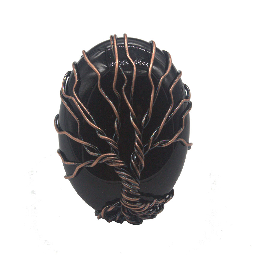 Tree of Life Oval Gemstone Healing Crystal Ring Bronze Adjustable Band Handmade Wire Wrapped  Retro Vintage Copper