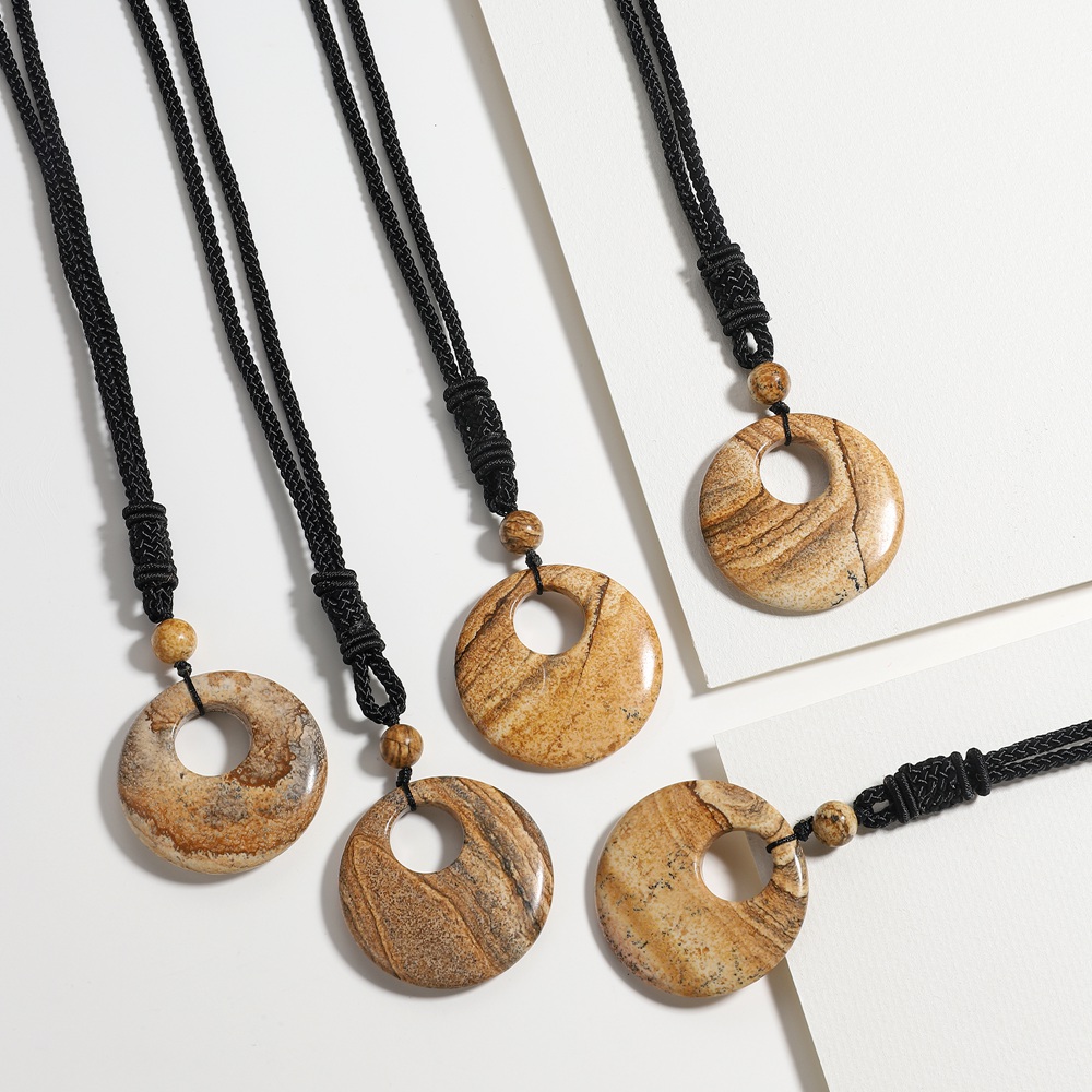 40MM Healing Crystals Necklace Natural Stone Chakra Gemstone Amulet Lucky Coin Donuts Charm Reiki Necklace for Men Women