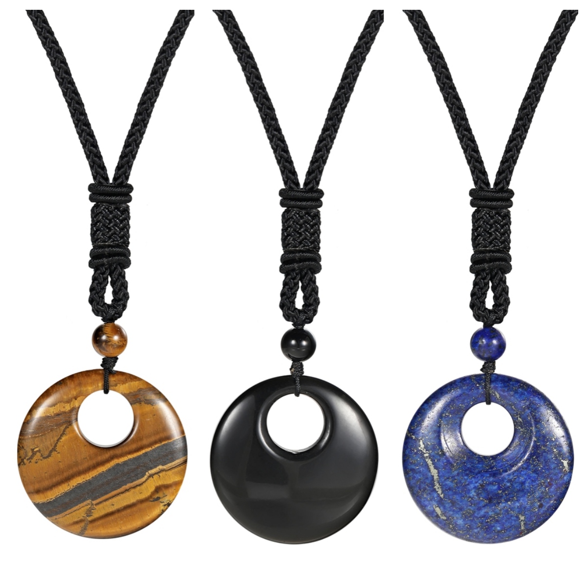30MM Circle Donut Healing Crystals Necklace Amulet Lucky Charm Pendant Healing Crystals Adjustable Braided Rope 