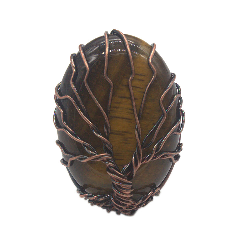 Tree of Life Oval Gemstone Healing Crystal Ring Bronze Adjustable Band Handmade Wire Wrapped  Retro Vintage Copper