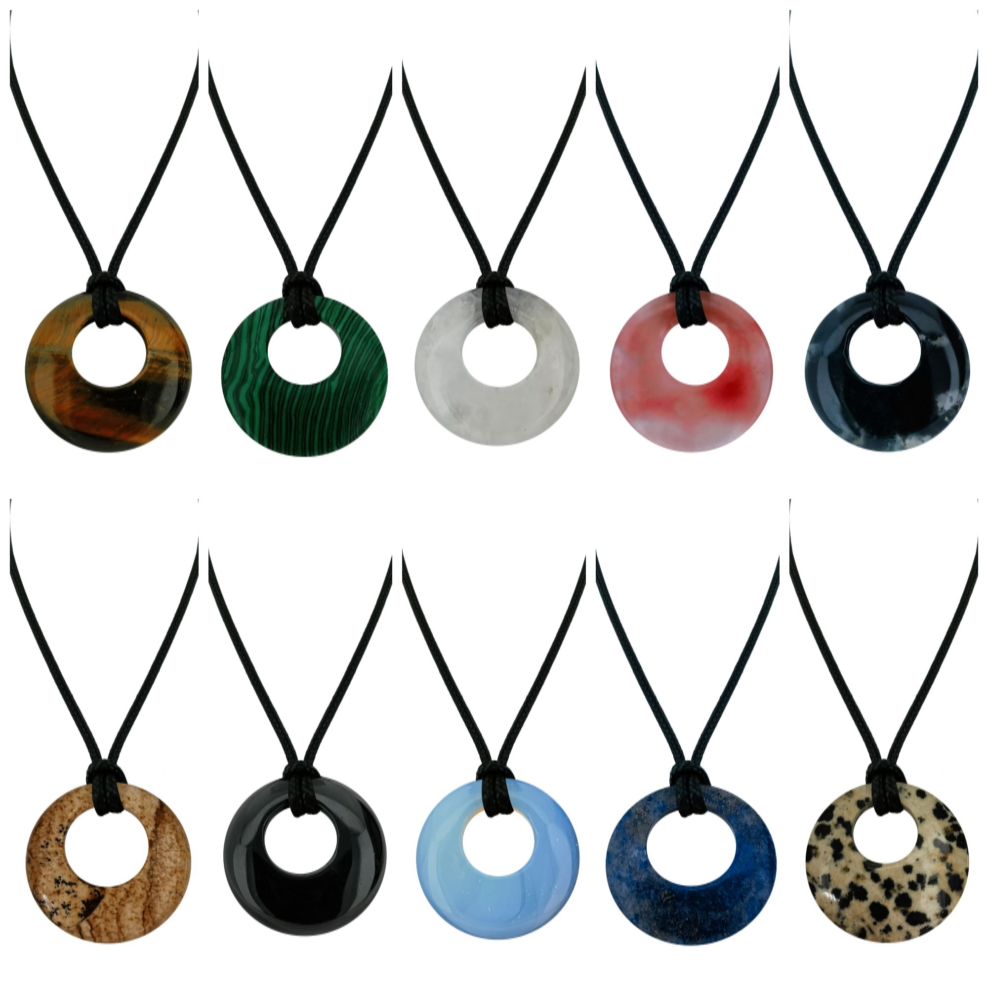 30mm Circle Donut Healing Crystals Necklace Natural Semi-Precious Chakra Gemstone Stone Amulet Lucky Coin Donuts Charm Protection Quartz Reiki Pendant Necklace for Men Women