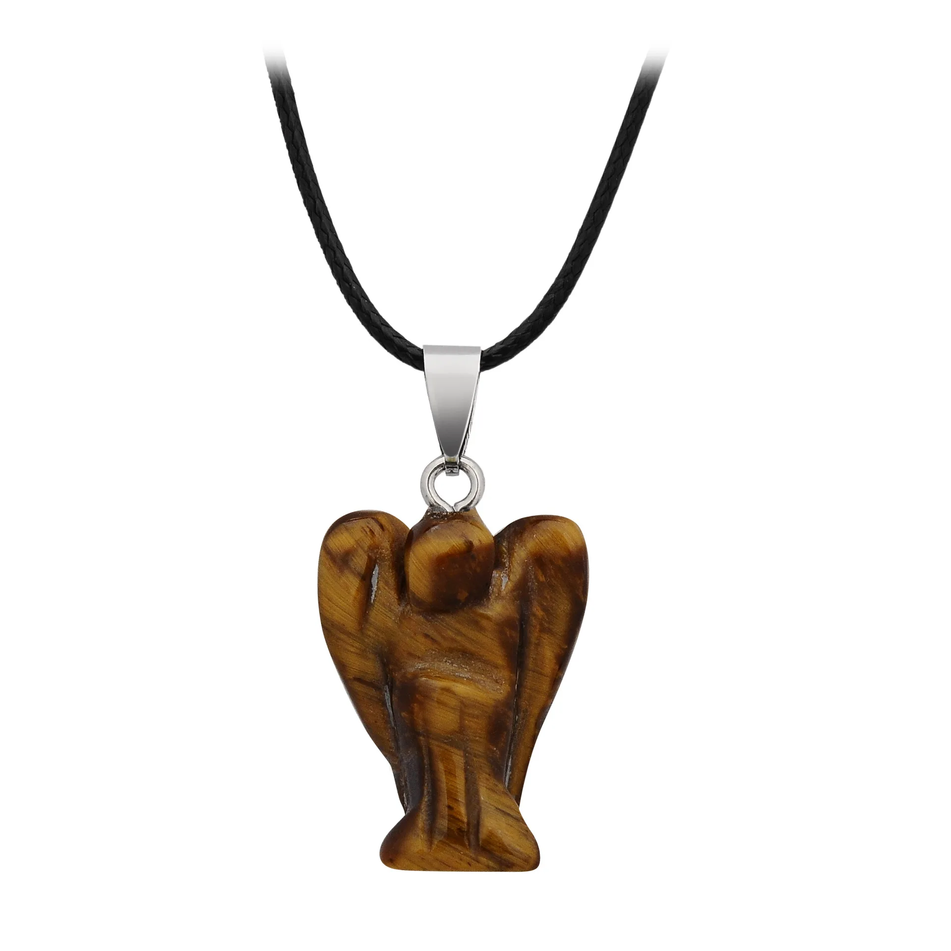 Handmade Craved Gemstone Angel Necklace for Women men 18" Black Cord  1.5Inch Crystal Angel Pendant